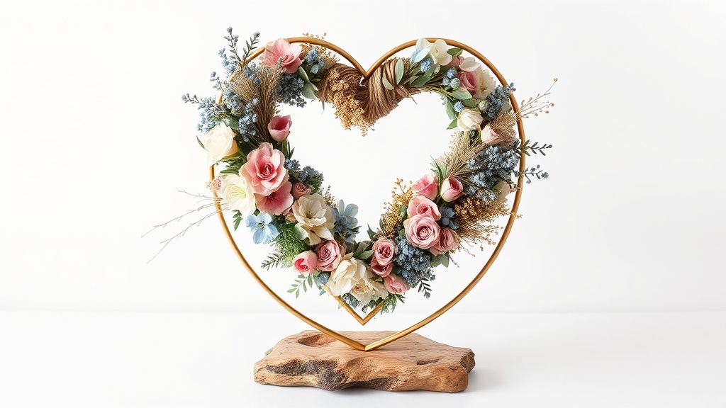 Floraler Herzkranz auf einem natürlichen Holzsockel